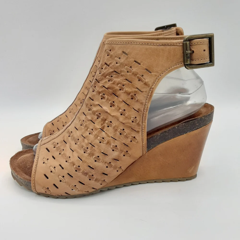 Diba True Leather Boho Tan Perforated Wedge Sandals.